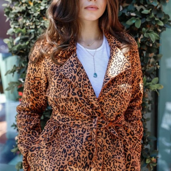 CLASSIC vegan suede Leopard Print Trench coat jack - Picture 7 of 8